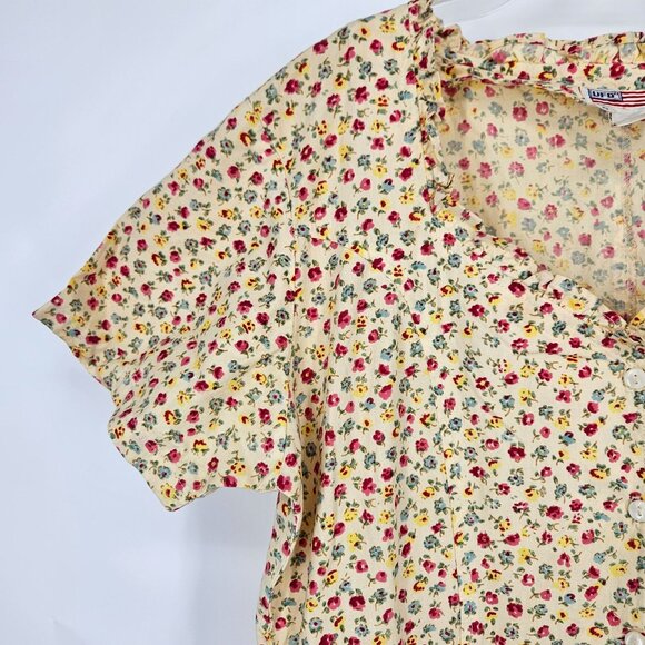 Midi A Line Dress Large Floral Yellow Button Pockets Boho Cottage Country Modest - Picture 4 of 10